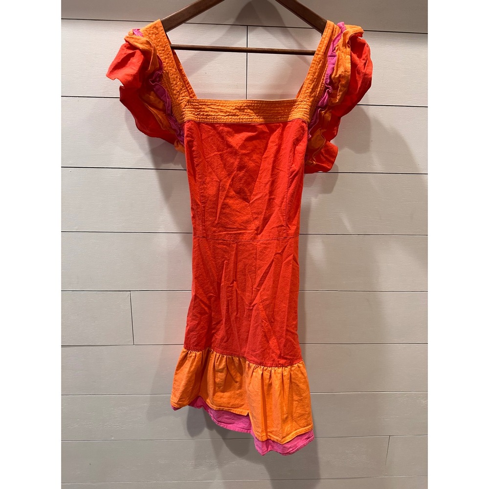 Strut & Bolt Orange Red Pink Ruffle Mini Dress Cotton Smocked Back L D-2595-JK